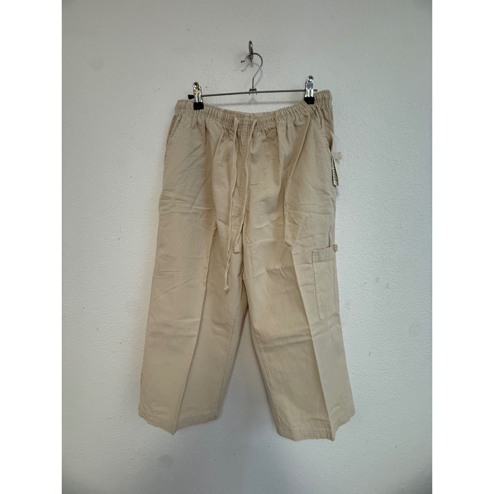 Erika Petite PM Cream Pull On Cropped Pants 100% Cotton Elastic Waist NWT
